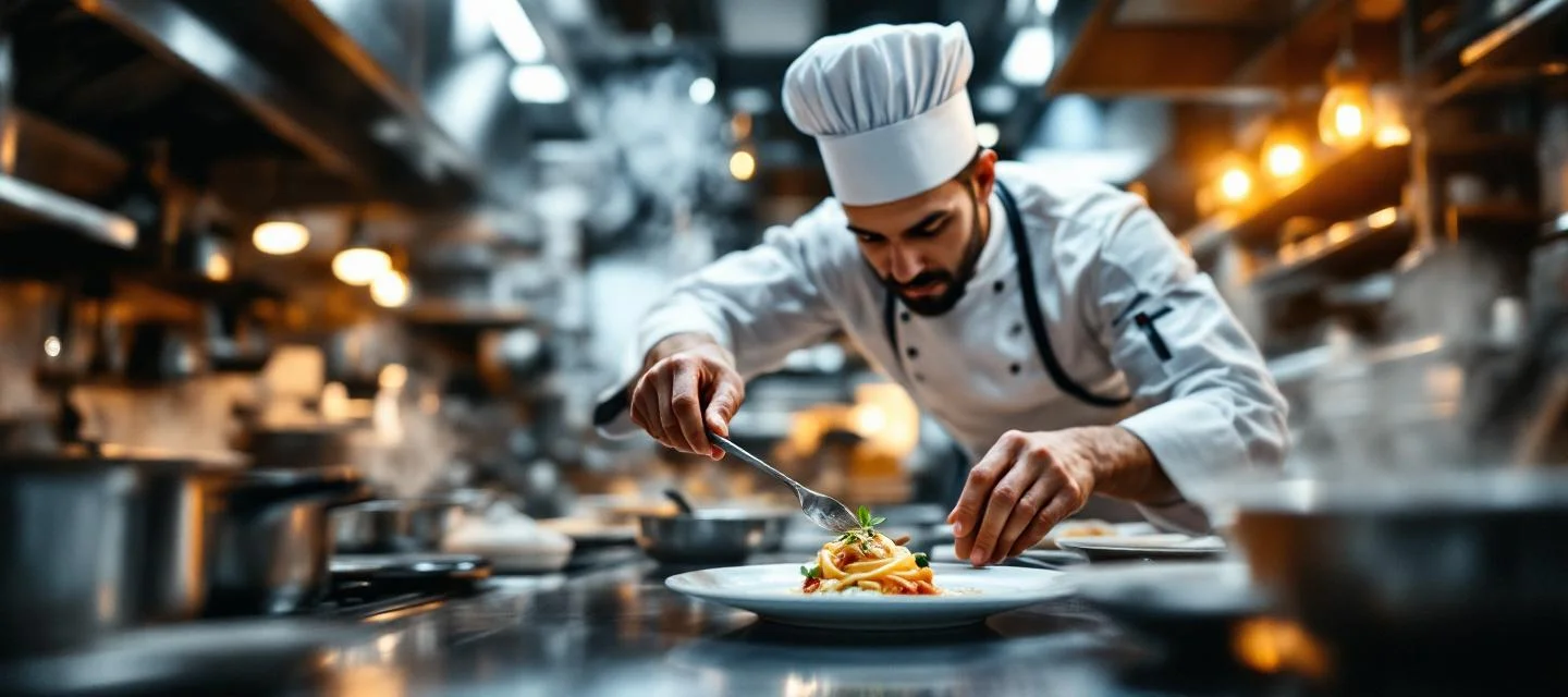 Cuisinier roumain en uniforme blanc préparant un plat dans une cuisine de restaurant français